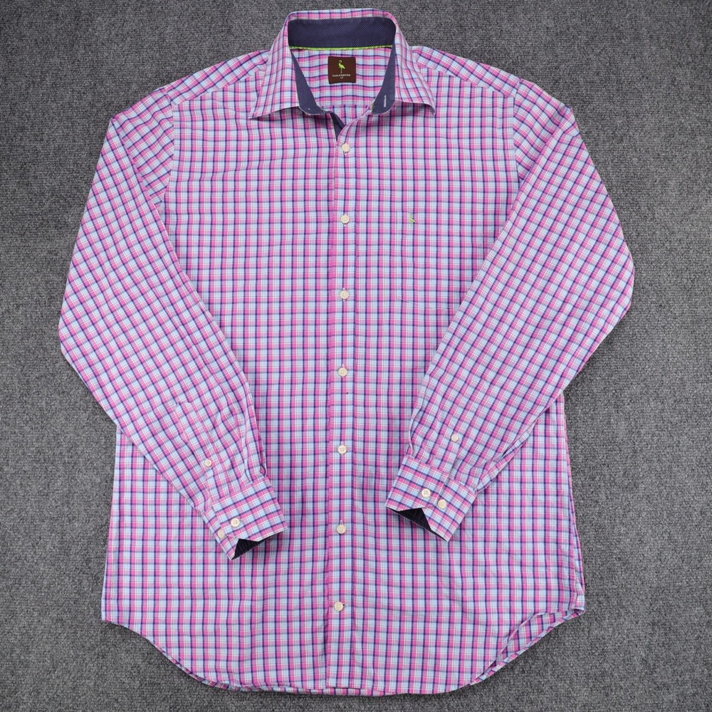 Tailorbyrd Mens LT Large Tall Pink Blue Plaid Button Down Shirt Flamingo Logo